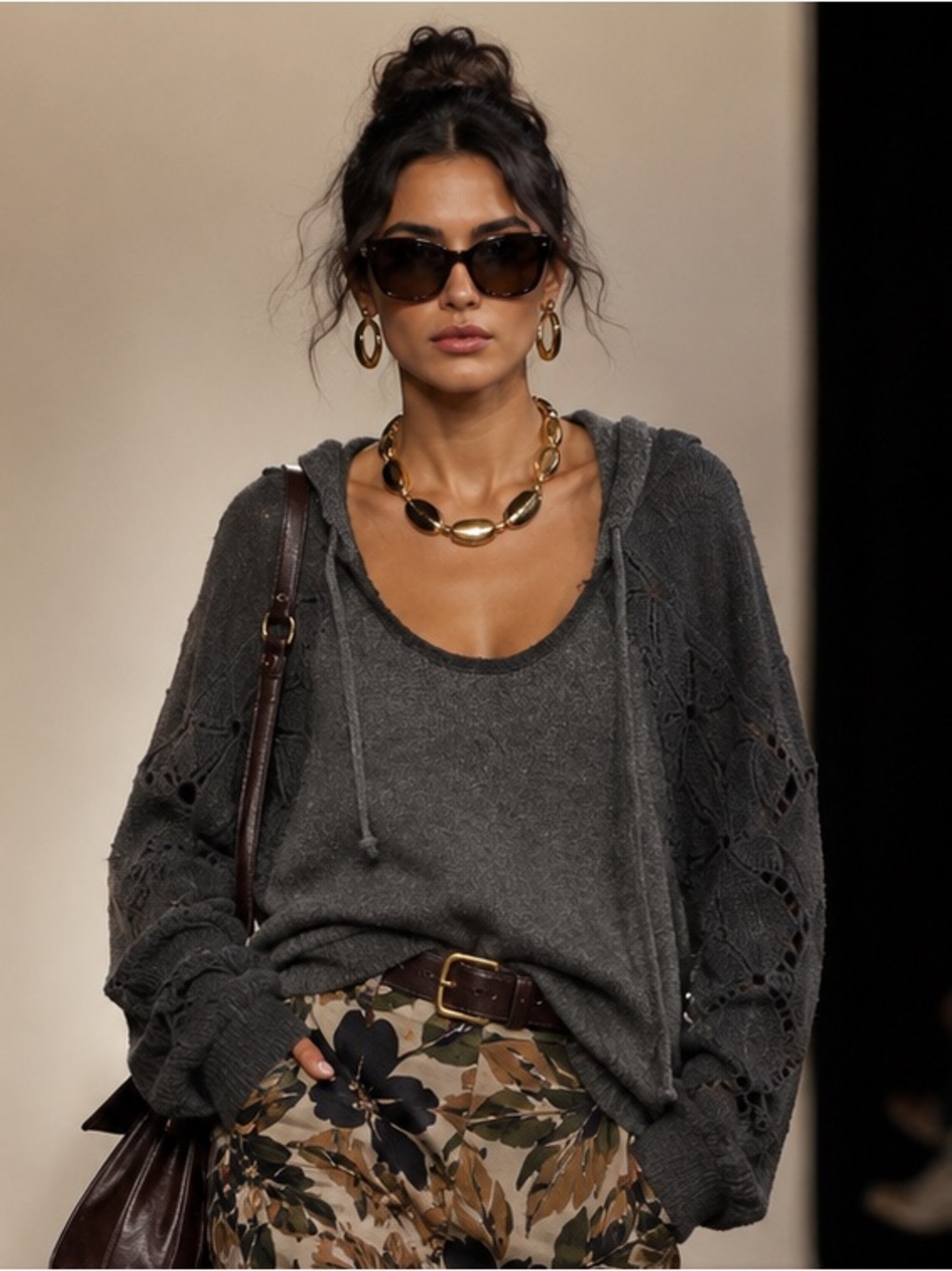 Free People Dark Gray/Black Hooded Knit Pullover